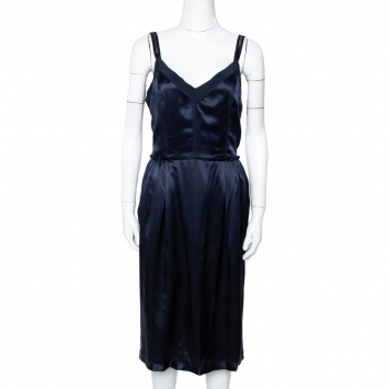 Pre Owned Dolce & Gabbana Navy Blue Silk Satin Sleeveless Dress L