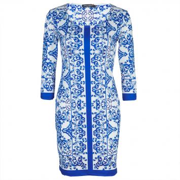 Pre Owned Dolce and Gabbana White and Blue Printed Three Quarter Sleeve Knit Dress  XS
