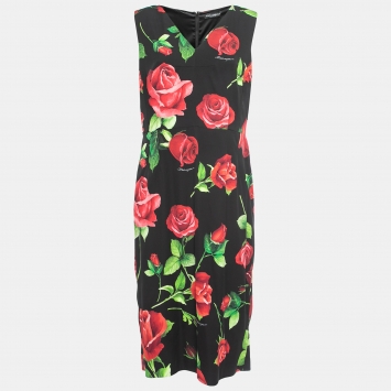 Pre Owned Dolce & Gabbana Black Rose Printed Silk Midi Dress XL