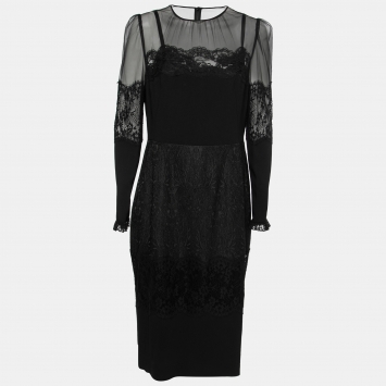 مملوكة مسبقًا Dolce & Gabbana Black Lace-Trimmed Tulle Jacquard Midi Dress XL