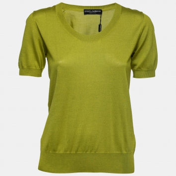 Pre Owned Dolce & Gabbana Green Silk Knit Short Sleeve Top M