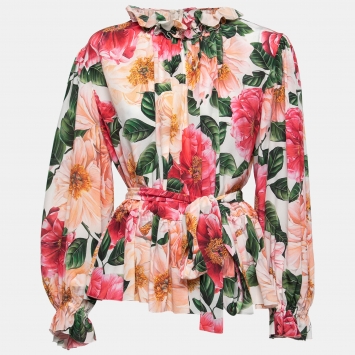 Pre Owned Dolce & Gabbana Pink Floral Printed Silk Ruffled Blouse L