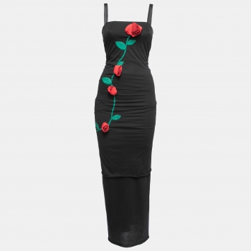 Pre Owned Dolce & Gabbana Black Floral Embroidered Stretch Wool Gathered Dress S