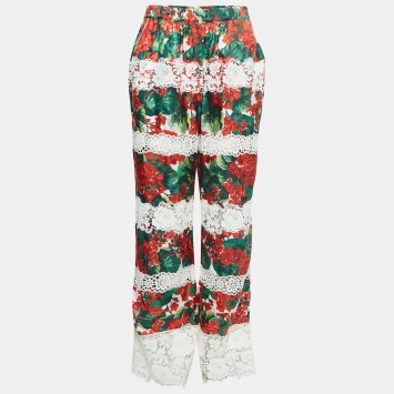 Pre Owned Dolce & Gabbana White/Red Floral Print Lace Trim Silk Trousers L