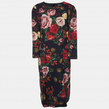 Pre Owned Dolce & Gabbana Black Floral Print Crepe Sheath Dress XL