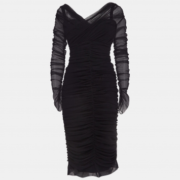 Pre Owned Dolce & Gabbana Black Mesh Ruched Bodycon Midi Dress L