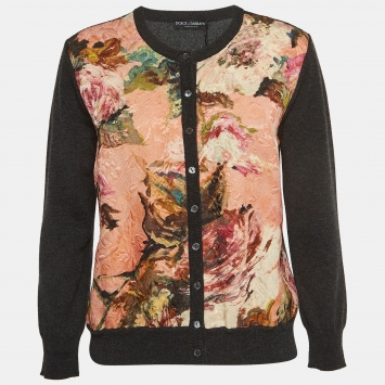 Pre Owned Dolce & Gabbana Pink/Grey Floral Jacquard Inserted Cashmere Cardigan L