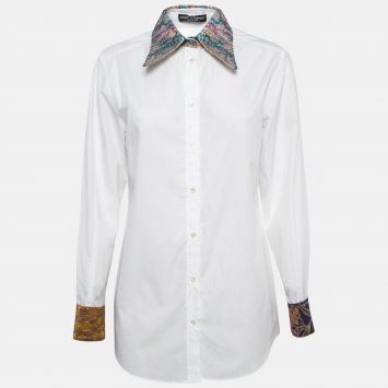 Pre Owned Dolce & Gabbana White Jacquard Trim Cotton Poplin Long Sleeve Shirt S