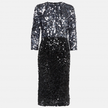 Pre Owned Dolce & Gabbana Black/Grey Sequin and Mesh Long Sleeve Midi Dress M 
