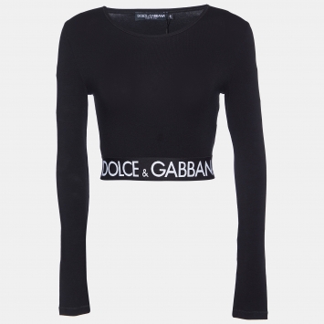 Pre Owned Dolce & Gabbana Black Jersey Logo Tape Crop Top XS