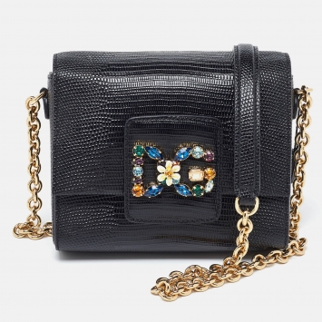 Pre Owned Dolce & Gabbana Black Lizard Embossed Leather Mini DG Millennials Crossbody Bag