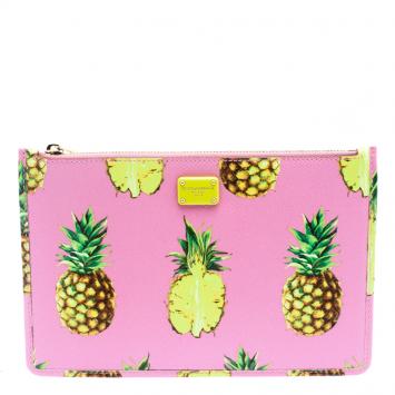 Pre Owned Dolce and Gabbana Pink Pineapple Print Leather Clutch