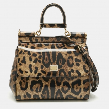 Pre Owned Dolce & Gabbana Brown/Black Leopard Print Patent Leather Miss Sicily Top Handle Bag