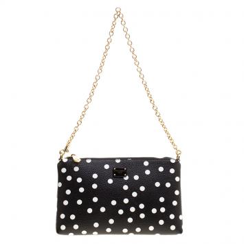Pre Owned Dolce and Gabbana Black/White Polka Dot Leather Chain Clutch