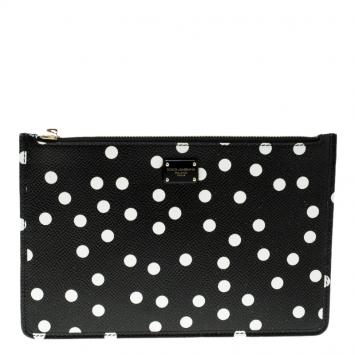 Pre Owned Dolce and Gabbana Black Leather Polka Dot 10CC Pouch