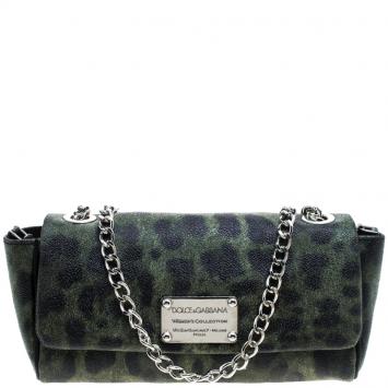 Pre Owned Dolce and Gabban Green Leopard Print Coated Canvas Small Chain Shoulder Bag