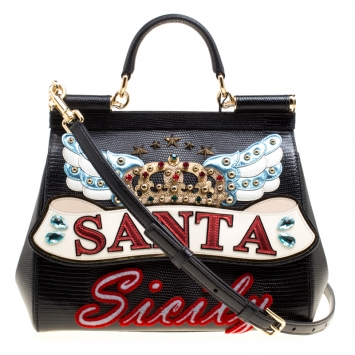 Pre Owned Dolce and Gabbana Black Leather Medium Sicily Santa Top Handle Bag