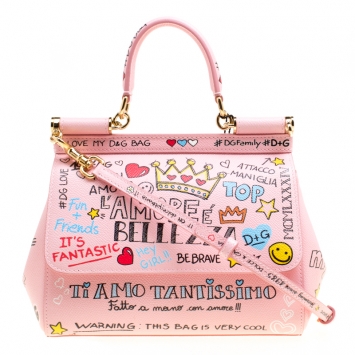 Pre Owned Dolce and Gabbana Blush Pink Leather Small Sicily Graffiti Top Handle Bag