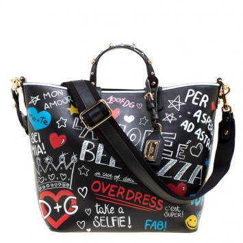 Pre Owned Dolce and Gabbana Black Leather Beatrice Graffiti Shopper