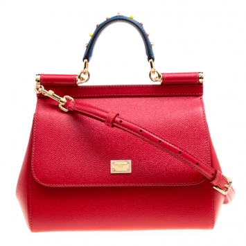 Pre Owned Dolce and Gabbana Red Leather Medium Embellished Miss Sicily Top Handle Bag