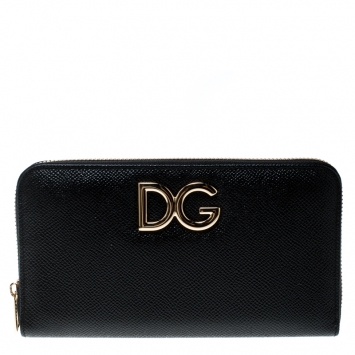 Pre Owned Dolce and Gabbana Black Leather Logo Zip Around Wallet