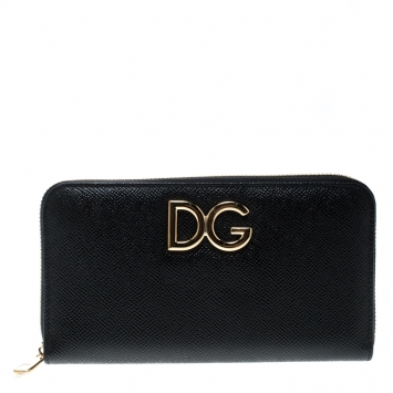 Pre Owned Dolce & Gabbana Black Leather Logo Zip Around Wallet