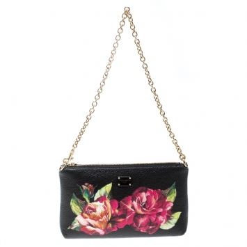 Pre Owned Dolce & Gabbana Black Floral Print Leather Chain Clutch