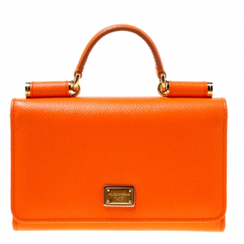 Pre Owned Dolce and Gabbana Orange Leather Miss Sicily Von Wallet on Chain