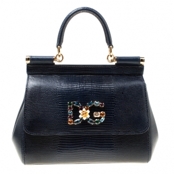 Pre Owned Dolce and Gabbana Blue Iguana Embossed Leather Small Crystal Embellished Logo Sicily Top Handle Bag