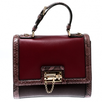 Pre Owned Dolce and Gabbana Burgundy Leather and Python Trim Medium Miss Monica Top Handle Bag