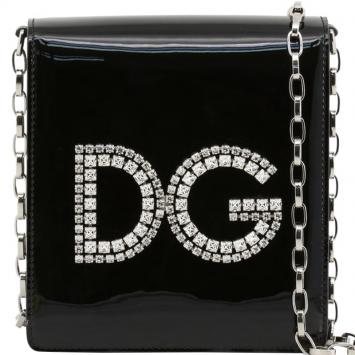 Pre Owned Dolce and Gabbana Black Patent Leather DG Girls Chain Evening Bag