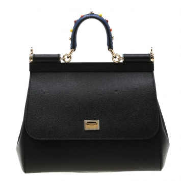 Pre Owned Dolce and Gabbana Black Embellished Handle Leather Medium Miss Sicily Tote