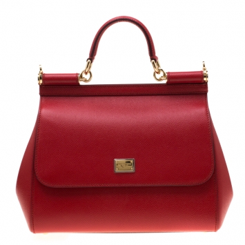Pre Owned Dolce and Gabbana Red Leather Medium Miss Sicily Tote