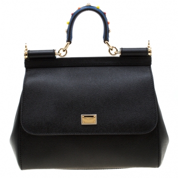 Pre Owned Dolce and Gabbana Black Leather Medium Miss Sicily Top Handle Bag