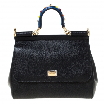Pre Owned Dolce and Gabbana Black Leather Medium Miss Sicily Top Handle Bag