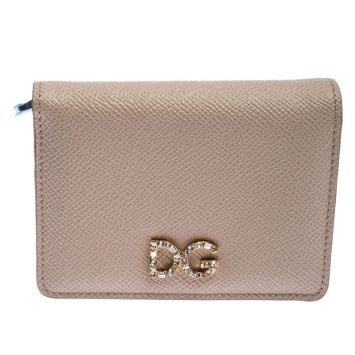 Pre Owned Dolce and Gabbana Beige Leather Diamante Logo Compact Wallet