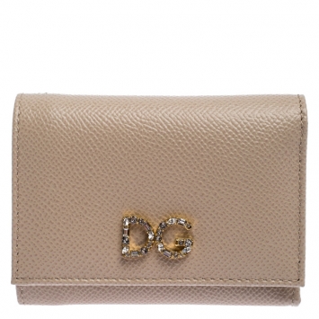 Pre Owned Dolce and Gabbana Beige Leather Diamante Logo Compact Wallet