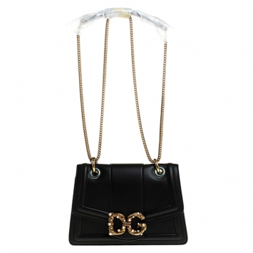 Pre Owned Dolce & Gabbana Black Leather DG Amore Chain Shoulder Bag