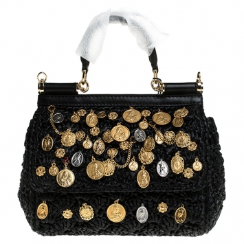 Pre Owned Dolce & Gabbana Black Pendant Embellished Crochet Small Miss Sicily Top Handle Bag