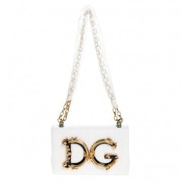 Pre Owned Dolce & Gabbana White Leather DG Girls Chain Shoulder Bag
