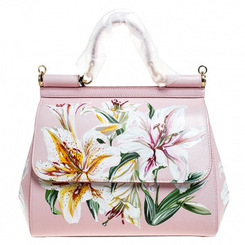 Pre Owned Dolce and Gabbana Pink Lilium Print Leather Medium Miss Sicily Top Handle Bag