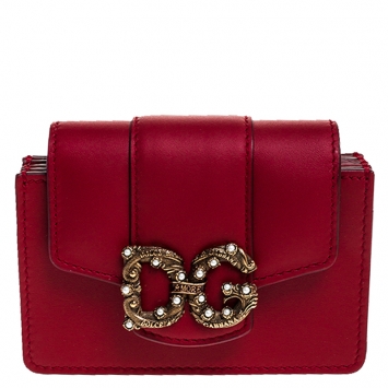 Pre Owned Dolce & Gabbana Red Leather DG Amore Card Holder