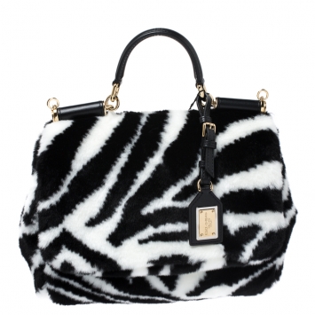 Pre Owned Dolce and Gabbana Black/White Faux Fur Medium Miss Sicily Top Handle Bag