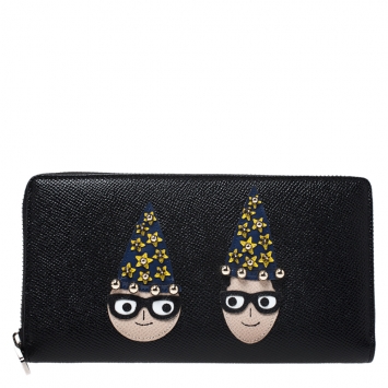 Pre Owned Dolce & Gabbana Black Leather Magician DG Family Zip Around Wallet