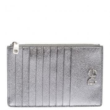 Pre Owned Dolce & Gabbana Silver Leather Crystal Embellished Logo Zipped Card Holder