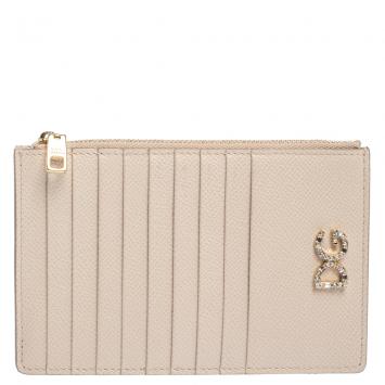Pre Owned Dolce & Gabbana Beige Leather Crystal Embellished Logo Zipped Card Holder