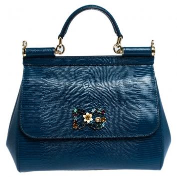 Pre Owned Dolce & Gabbana Blue Iguana Embossed Leather Crystal DG Logo Medium Miss Sicily  Bag