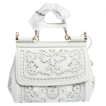 Pre Owned Dolce & Gabbana White Laser-Engraved Leather Small Miss Sicily Bag