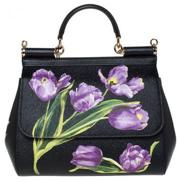 Pre Owned Dolce & Gabbana Black Tulip Print Leather Medium Miss Sicily Bag