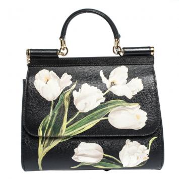 Pre Owned Dolce & Gabbana Black Tulip Print Leather Medium Miss Sicily Bag